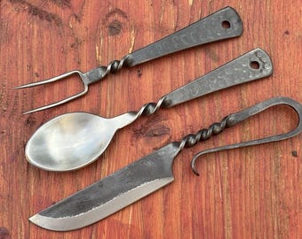 Hand Forged Medieval Cutlery Set: Rustic Camping Kitchen Utensils