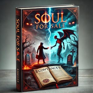 May include: A book cover with a dark background and a split image of a man shaking hands with a demon. The book title is "Soul For Sale" and the author is "Amamar".