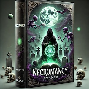 May include: A black book with a green and purple cover. The cover features a hooded figure holding a glowing orb, surrounded by skeletons and a graveyard. The title of the book is "NECROMANCY AMANAR".