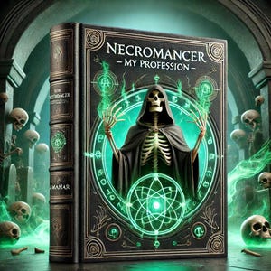 Op de afbeelding: Een donkergroen boek met gouden accenten en een skeletachtige figuur in een gewatteerde mantel. De omslag van het boek heeft de titel "Necromancer - My Profession -" en een gloeiende groene cirkel met symbolen.
