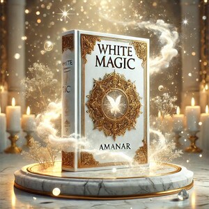 May include: A white book with gold accents and the title "WHITE MAGIC" by AMANAR. The book is on a white marble pedestal with a sparkling background.