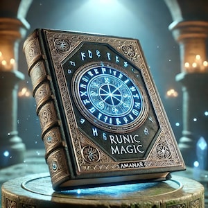 May include: A detailed image of a book titled "RUNIC MAGIC". The book has a dark cover with gold accents and a glowing blue circular design. The book is open, displaying a mystical, fantasy theme.