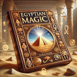 May include: A vintage-style book with a brown leather cover and gold accents. The title "Egyptian Magic" is printed in gold lettering on the front cover. The book features an illustration of a pyramid and a sunburst on the front cover. The book is titled "Amanar" on the bottom of the cover.