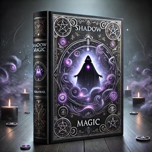Puede incluir: Un libro negro con una cubierta en relieve dorado titulada "Shadow Magic" de "Amonar". La cubierta presenta un pentagrama, una figura encapuchada y diseños en espiral de color púrpura y negro.