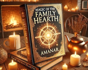 Puede incluir: Un libro de tapa dura en oro y negro titulado "Magic of the Family Hearth" de Amanar. El libro está sobre una mesa de madera con velas y una tetera.
