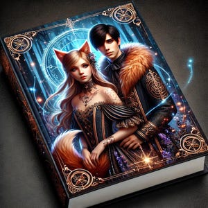 May include: A book cover with a fantasy illustration of a woman with fox ears and a man with a fur collar. The woman is wearing a dark blue dress with gold accents and the man is wearing a dark blue jacket with gold accents. The background is a dark blue forest with glowing lights.