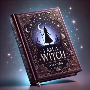 Könnte beinhalten: Ein dunkelviolettes Buch mit goldenen Prägungen und einer Silhouette einer Hexe, die vor einem Halbmond steht. Der Titel des Buches lautet "I Am A Witch" mit dem Namen des Autors "Amanar" darunter. Das Buch befindet sich auf einem dunkelblauen Hintergrund mit weißen Sternen.
