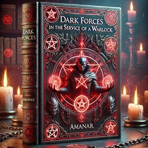 May include: A red leather-bound book with a dark, gothic design. The cover features a pentagram, a figure in a black robe, and the text "DARK FORCES IN THE SERVICE OF A WARLOCK". The book's title is "AMANAR".
