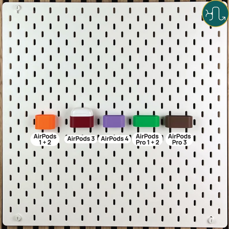 May include: A white pegboard display featuring five colorful silicone holders for wireless earbuds. The labels identify compatibility for AirPods 1+2, AirPods 3, AirPods 4, AirPods Pro 1+2, and AirPods Pro 3. The holders are orange, maroon, purple, green, and brown.