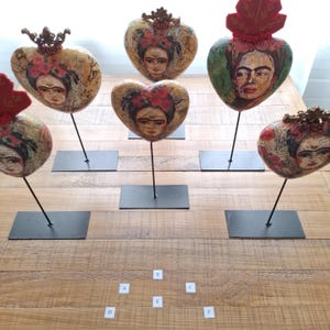 Mexican-inspired "milagritos" (miracle) hearts on stands, sacred heart ex Voto F. Kahlo, Mexican heart decoration illustration F. Kahlo