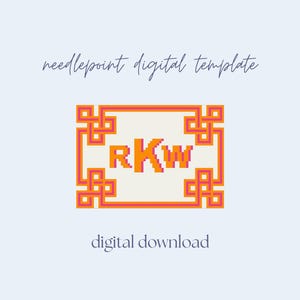 May include: A digital needlepoint template with a geometric design. The design features a cream-coloured background with an orange and pink border. The letters "RKW" are in orange pixelated font. The words "needlepoint digital template" and "digital download" are also included.