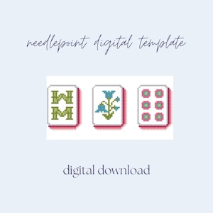 May include: Digital needlepoint template featuring three designs: a green and white "WM" pattern, a blue floral design, and a pattern of pink and green circles. The text "needlepoint digital template" and "digital download" are also present.