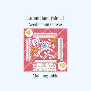 May include: Custom hand-painted needlepoint canvas depicting a Mahjong table. The table is red with white and yellow accents, and includes game pieces and decorative elements. The text "Mahjong Table" is at the bottom.