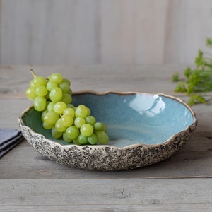 Large serving bowl Organic pottery Handmade ceramics Low round serving dish High quality centrepiece Speckled Blue