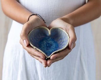 The perfect gift Unique handmade ceramic heart shaped bowl For jewellery nuts or candles Intriguing "Waterfall"  blue glazing