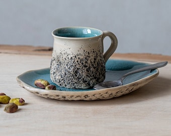 Turquoise Organic Espresso Cup Handmade ceramics and pottery Cup and Saucer Macchiato Cup