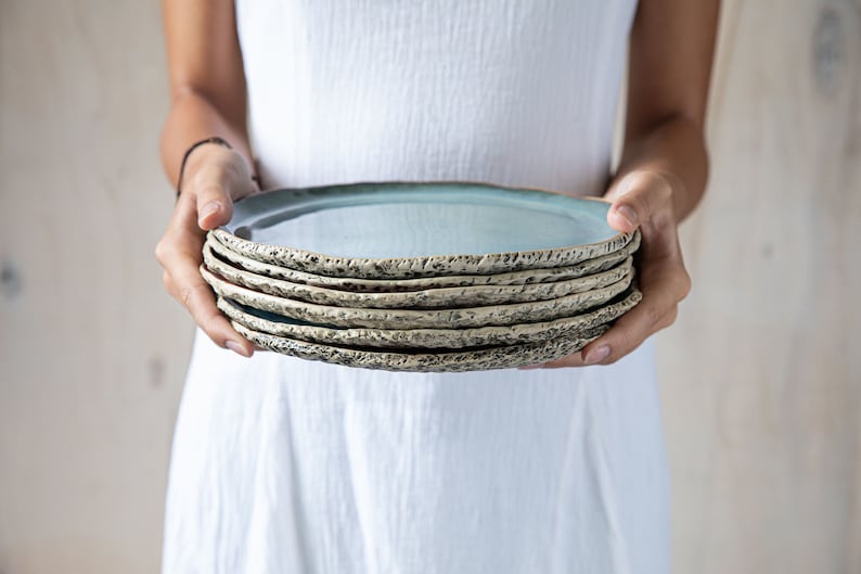 Set of 8 Ceramic dinner plates 11.8/30 cm Handmade pottery plates Unique dinnerware Speckled Blue