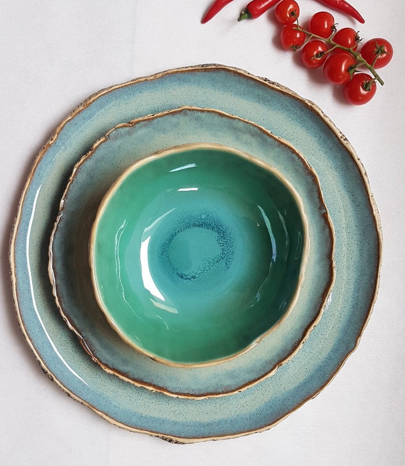 Ceramic stoneware dinner set colorful tableware unique pottery ceramic plates blue ceramics red ceramics Blue Blue Turquoise