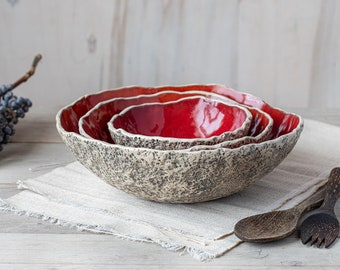 Set of 3 Ceramic bowls Large serving bowls Playful Red Glazing Handmade ceramics Salad bowls Organic pottery High quality dinnerware