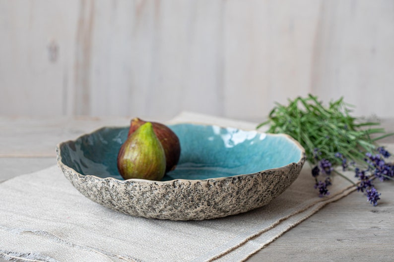 Large serving bowl Organic pottery Handmade ceramics Low round serving dish High quality centrepiece Speckled Turquoise