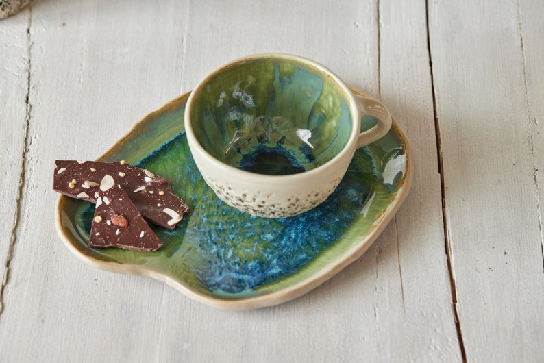 Turquoise tea cup with saucer Stoneware cup Handmade cup Cappuccino cup Pottery mug Birthday Gift Organic ceramics Forest Green