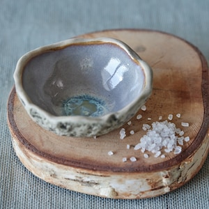 May include: A small, grey ceramic bowl with a blue and white glaze sits on a wooden slice. The bowl is filled with white salt crystals.