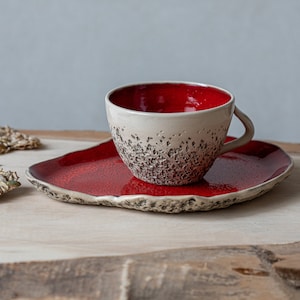 Green rustic tea Cup with saucer Stoneware cappuccino cup Handmade ceramic cup Organic Pottery Gift for her Gift for him Playful Red