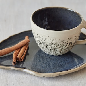 Turquoise tea cup with saucer Stoneware cup Handmade cup Cappuccino cup Pottery mug Birthday Gift Organic ceramics Midnight Blue