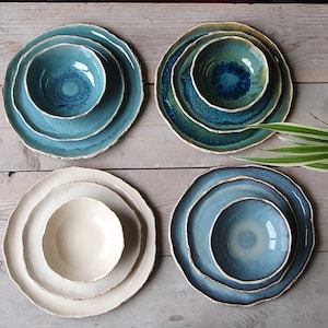 Service de table fait main en céramique pour 4 personnes | Poterie | Service de vaisselle | Grès | Assiettes en céramique