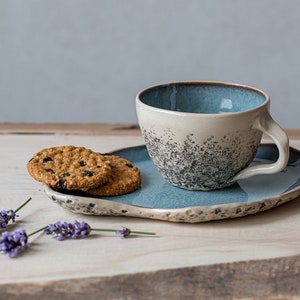 Turquoise tea cup with saucer Stoneware cup Handmade cup Cappuccino cup Pottery mug Birthday Gift Organic ceramics Speckled Blue