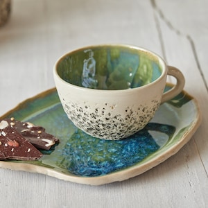 Green rustic tea Cup with saucer Stoneware cappuccino cup Handmade ceramic cup Organic Pottery Gift for her Gift for him image 2
