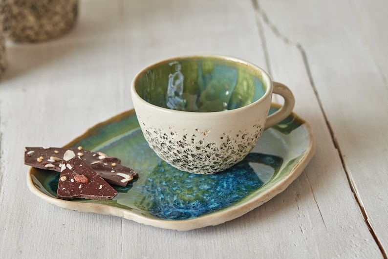 Green rustic tea Cup with saucer Stoneware cappuccino cup Handmade ceramic cup Organic Pottery Gift for her Gift for him image 2