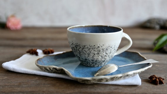 Blue cappuccino cup with saucer | Wheelthrown teacup | Stoneware cup | Handmade | Rustic coffee cup | Organic ceramics | Tea Cup Gift