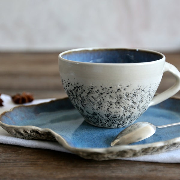 Blue cappuccino cup with saucer | Wheelthrown teacup | Stoneware cup | Handmade | Rustic coffee cup | Organic ceramics | Tea Cup Gift
