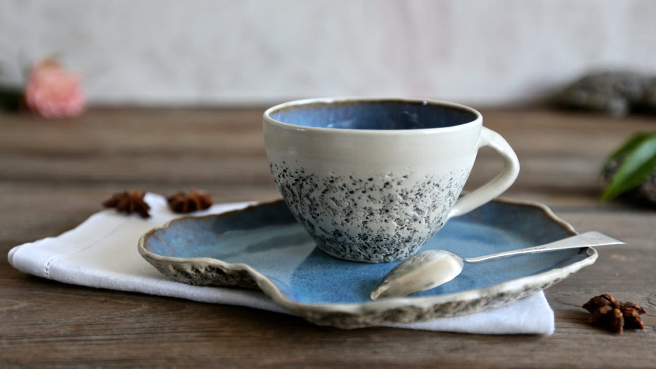 Tasse Bleue de Cappuccino avec La Soucoupe | Tasse à Thé Volants en Grès Fabriqué Rustique Café Céra