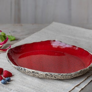 Ceramic platter Organic pottery Handmade serving plate Oval plate Cheese plate Fruit bowl Playful Red