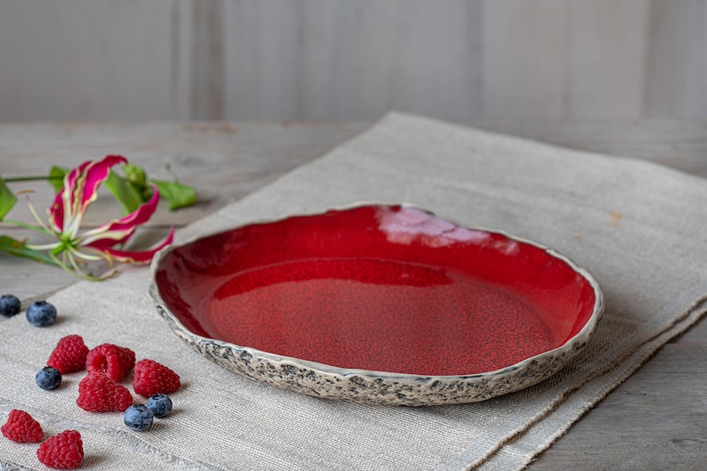 Handmade ceramic serving platter Organic pottery handmade with love in three glaze options Playful Red