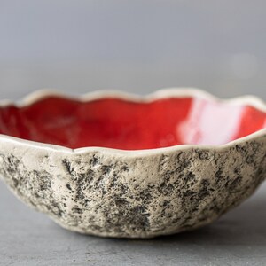 Handmade pottery bowl Ceramic dessert bowl Colourful green glaze Playful Red