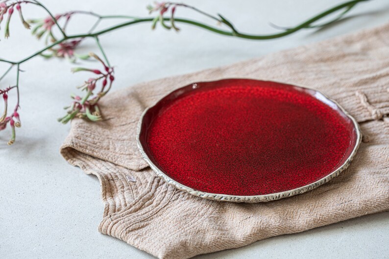 Taupe Side-plate Ceramic lunch plate Handmade Stoneware Steingut geschirr Unique tableware Playful Red