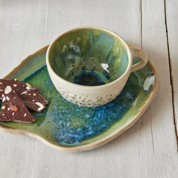 Green rustic tea Cup with saucer Stoneware cappuccino cup Handmade ceramic cup Organic Pottery Gift for her Gift for him