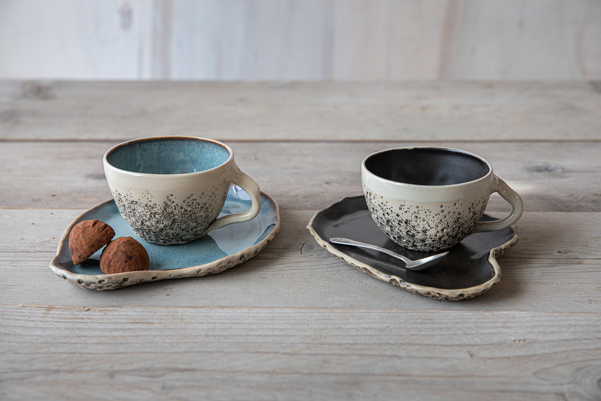 Tea Cup With Saucer SET of 2pcs Handmade Cappuccino Cups Stoneware