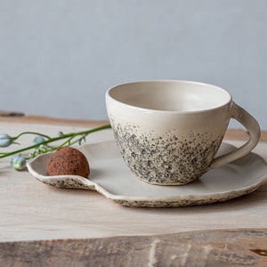 Blue cappuccino cup with saucer | Wheelthrown teacup | Stoneware cup | Handmade | Rustic coffee cup | Organic ceramics | Tea Cup Gift Natural White