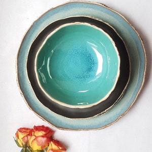 Ceramic stoneware dinner set colorful tableware unique pottery ceramic plates blue ceramics red ceramics Blue Black Turquoise