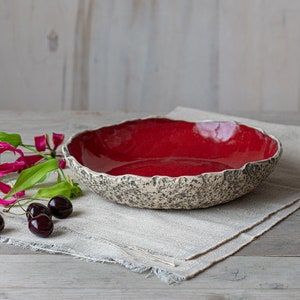 Large serving bowl Organic pottery Handmade ceramics Low round serving dish High quality centrepiece Playful Red