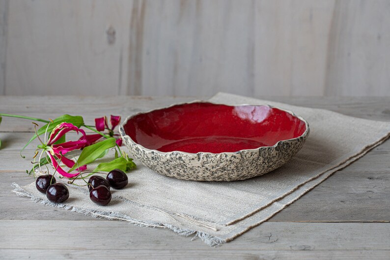 Large serving bowl Organic pottery Handmade ceramics Low round serving dish High quality centrepiece Playful Red