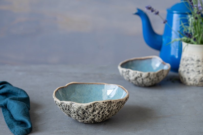 Handmade pottery bowl Ceramic dessert bowl Colourful green glaze Speckled Blue