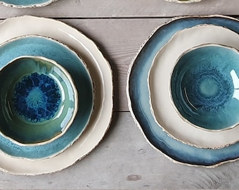 Stoneware dinnerware set for two Handmade pottery Ceramic plates and bowls