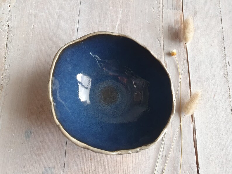 Handmade pottery bowl Ceramic dessert bowl Colourful green glaze Midnight Blue