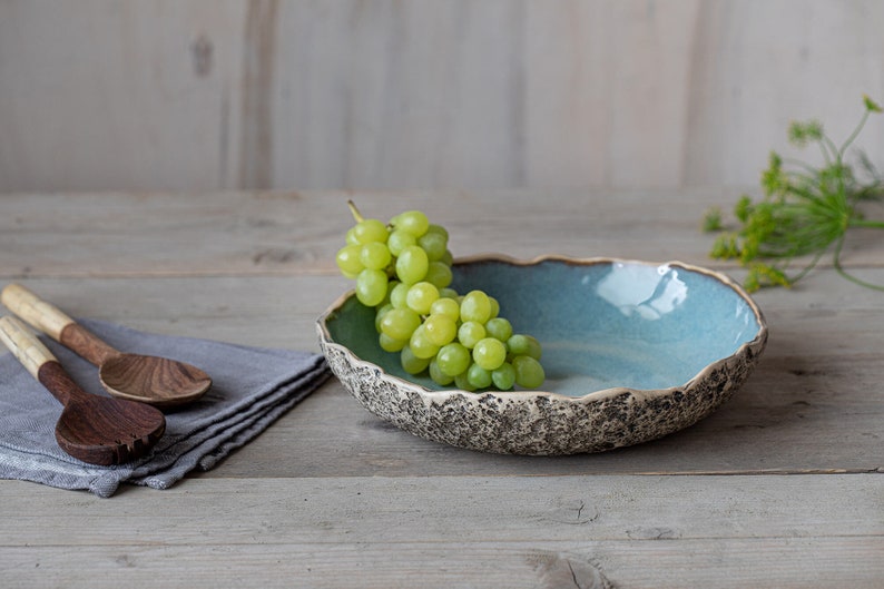 Large serving bowl Organic pottery Handmade ceramics Low round serving dish High quality centrepiece Speckled Blue