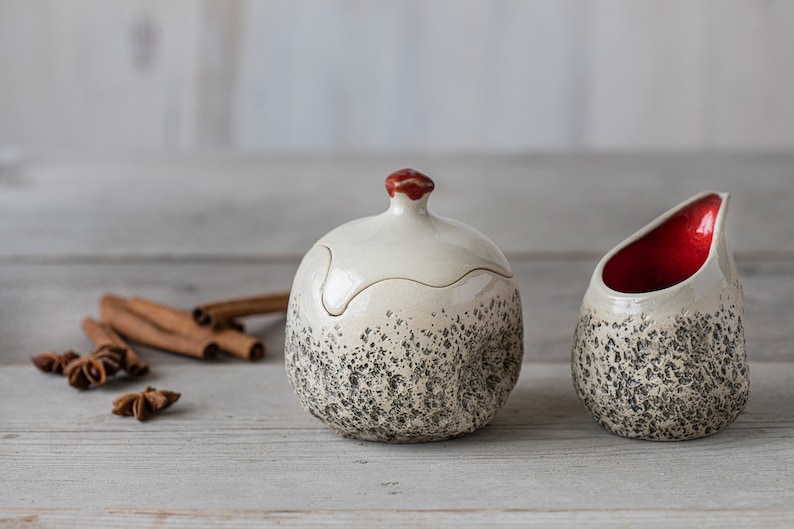 Sugar bowl & creamer jug Handmade ceramic sugar and milk set Unique gift! Red pottery Studio pottery Dishwasher safe image 1